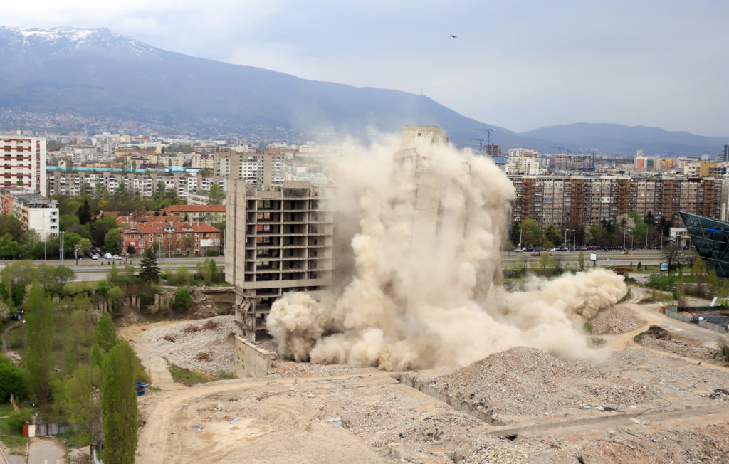 Controlled explosion with blasts of a big building, printing press house IPK Rodina, in Sofia, Bulgaria on 04/26/2020.